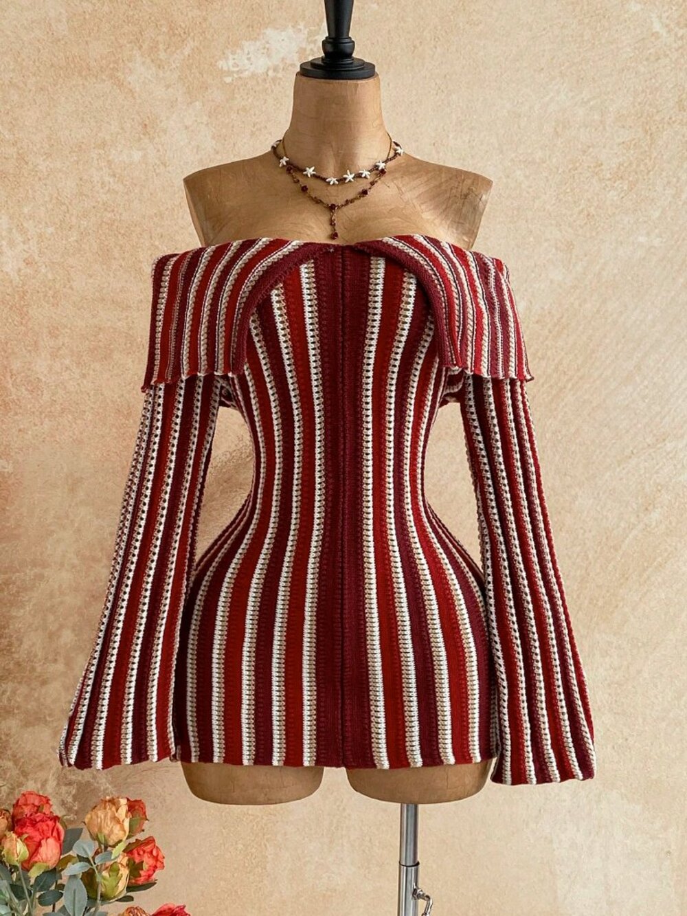 Multicolor Casual Women's Striped Off-Shoulder Bell Sleeve Mini Knit Dress